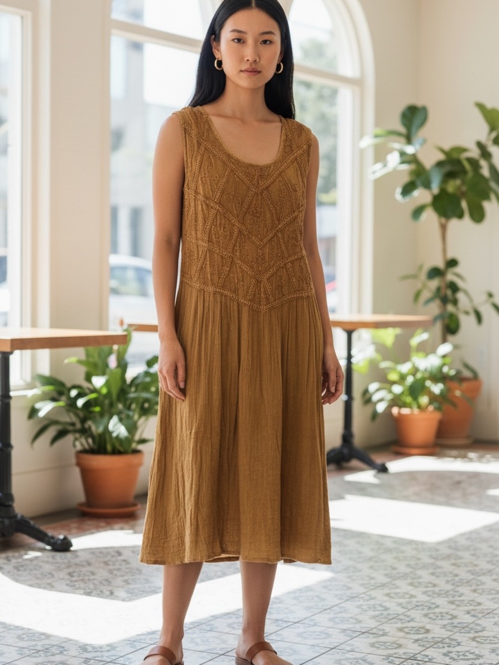 Textured Sleeveless Midi Dress in Mustard